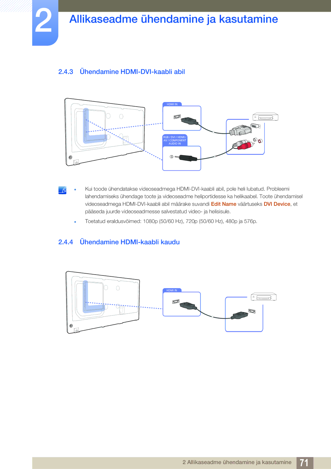 Samsung LH55PECPLBC/EN, LH40PECPLBC/EN, LH46PECPLBC/EN 3 Ühendamine HDMI-DVI-kaabli abil, 4 Ühendamine HDMI-kaabli kaudu 