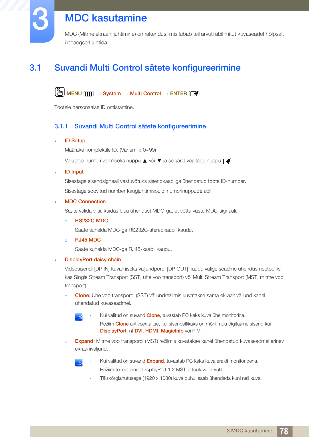 Samsung LH46DECPLBC/EN, LH40PECPLBC/EN, LH55PECPLBC/EN, LH46PECPLBC/EN manual Suvandi Multi Control sätete konfigureerimine 