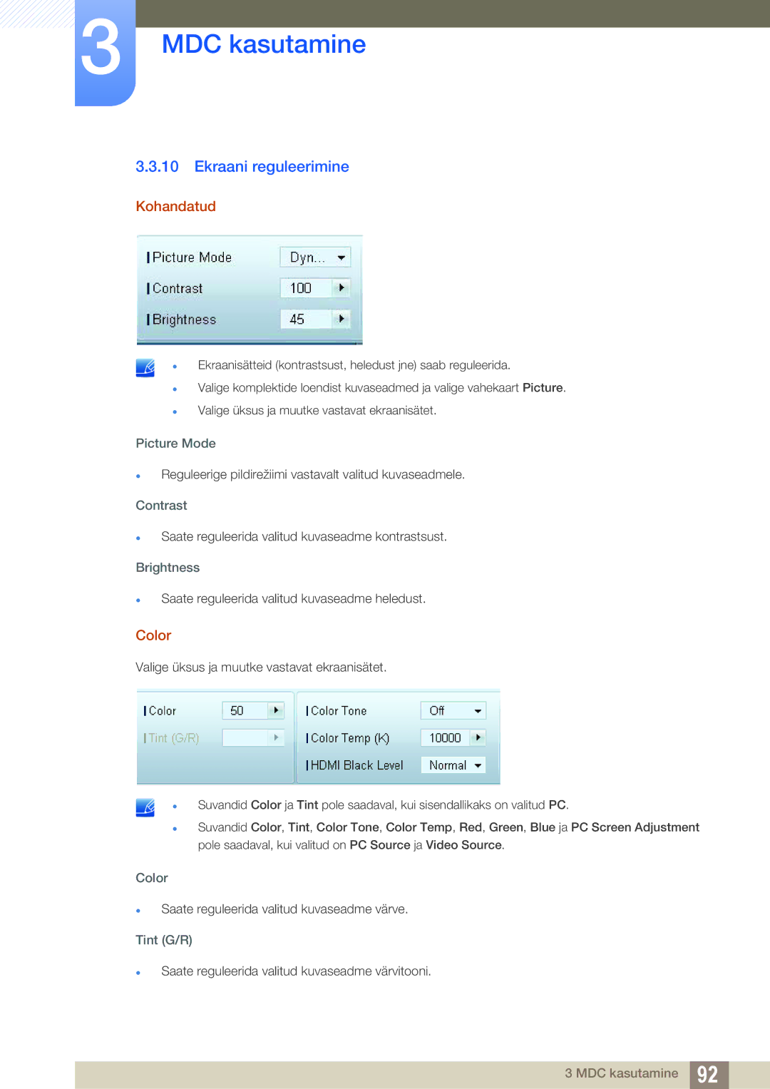 Samsung LH46PECPLBC/EN, LH40PECPLBC/EN, LH55PECPLBC/EN, LH46DECPLBC/EN manual Ekraani reguleerimine, Kohandatud, Color 