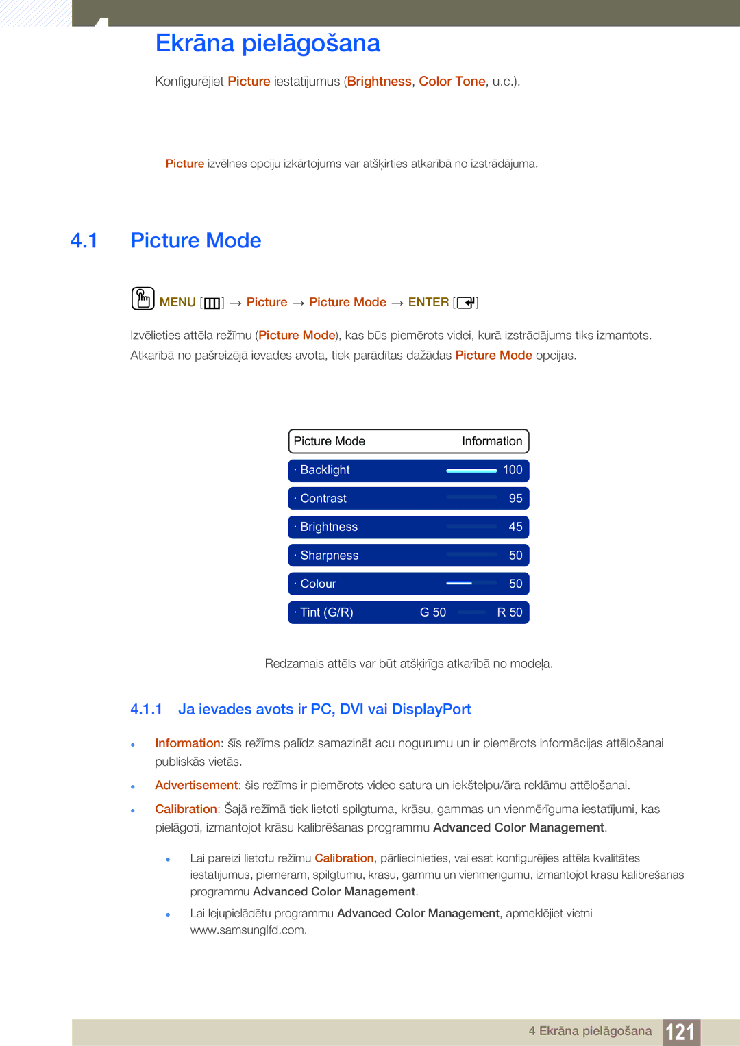 Samsung LH55PECPLBC/EN, LH40PECPLBC/EN Ja ievades avots ir PC, DVI vai DisplayPort, Menu m Picture Picture Mode Enter 