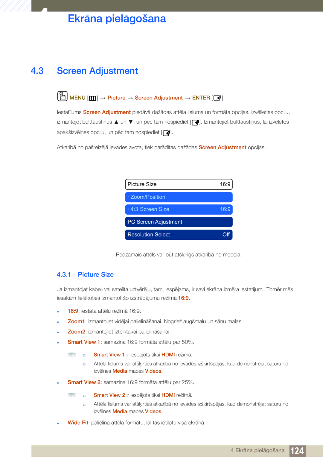 Samsung LH40DECPLBC/EN, LH40PECPLBC/EN, LH55PECPLBC/EN manual Picture Size, Menu m Picture Screen Adjustment Enter 