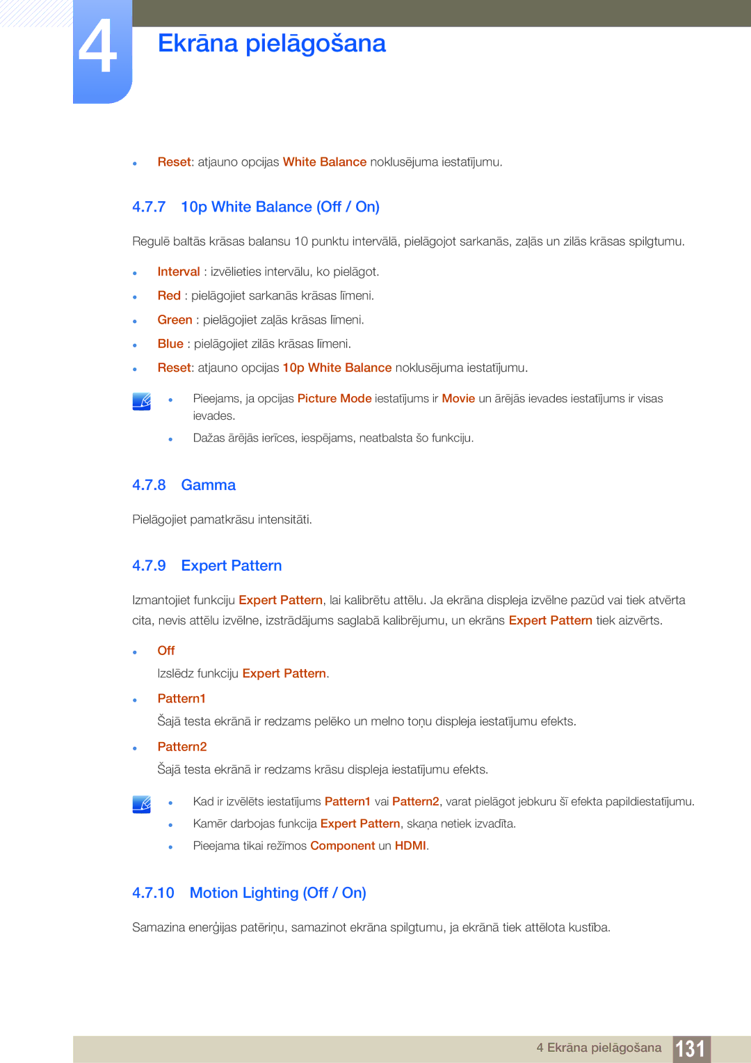 Samsung LH55PECPLBC/EN, LH40PECPLBC/EN manual 7 10p White Balance Off / On, Gamma, Expert Pattern, Motion Lighting Off / On 