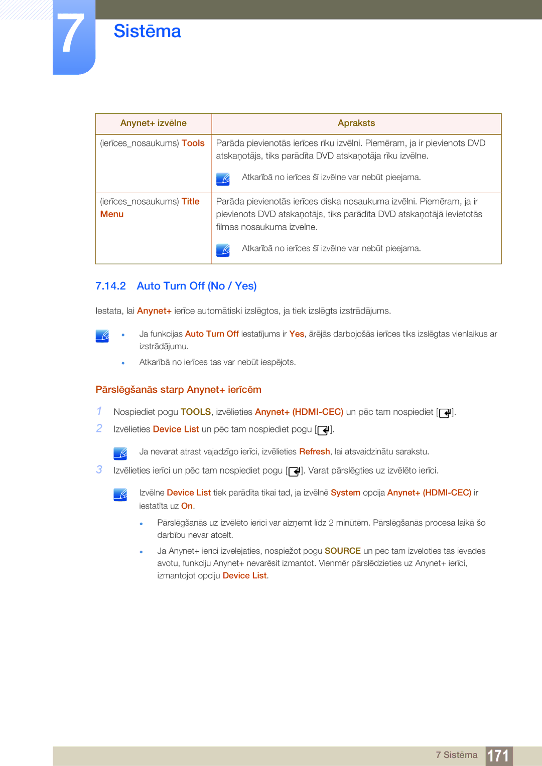 Samsung LH55PECPLBC/EN, LH40PECPLBC/EN, LH46PECPLBC/EN Auto Turn Off No / Yes, Pārslēgšanās starp Anynet+ ierīcēm, Menu 