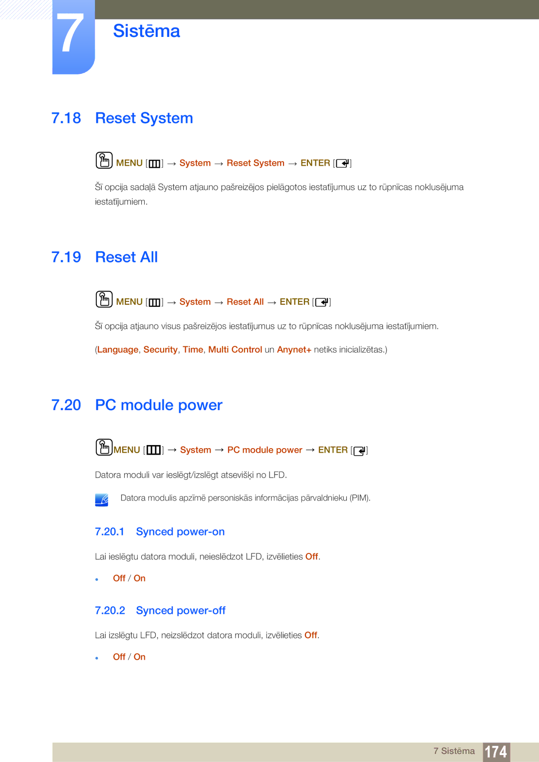 Samsung LH40DECPLBC/EN, LH40PECPLBC/EN manual Reset System, Reset All, PC module power, Synced power-on, Synced power-off 