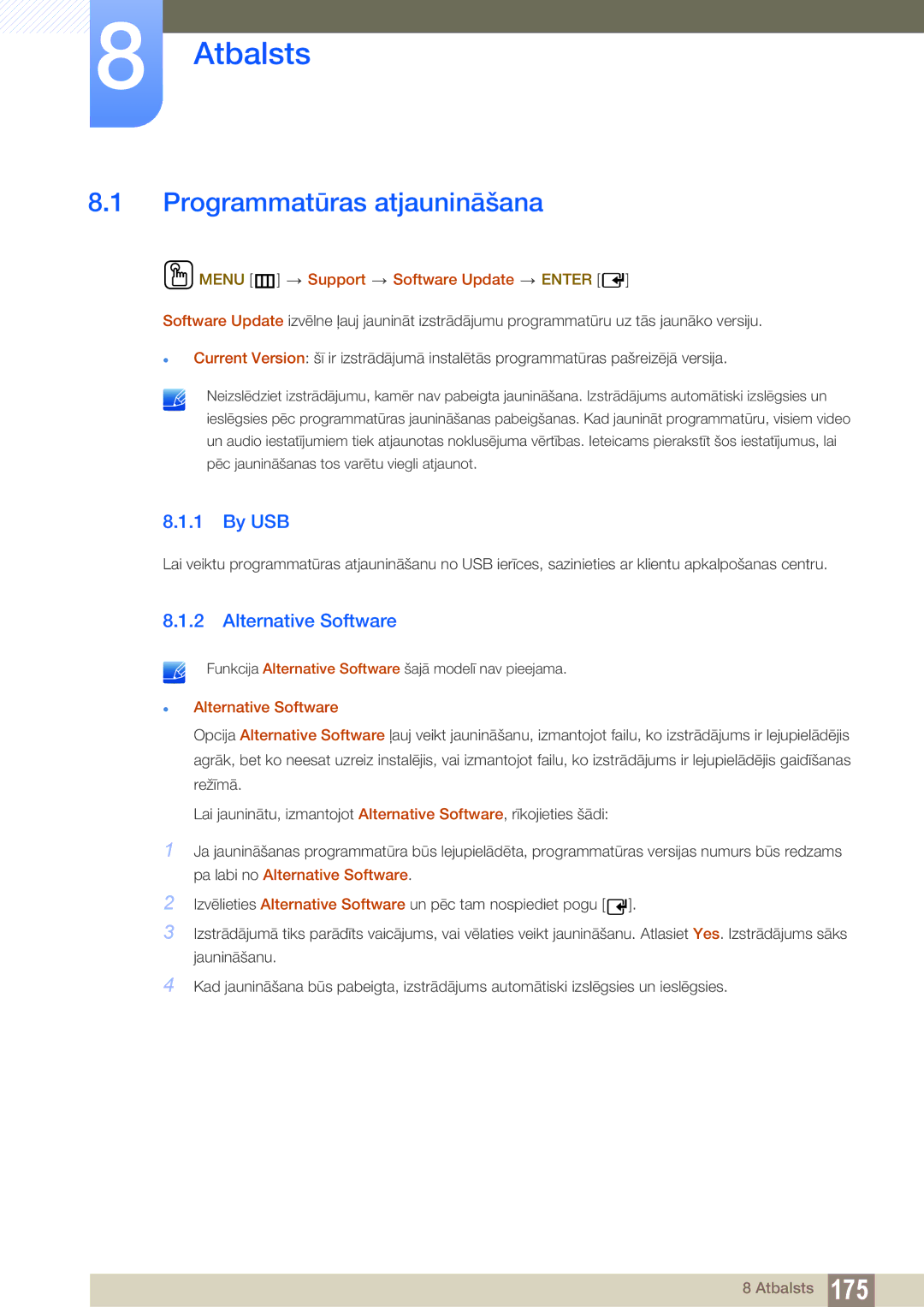 Samsung LH40PECPLBC/EN Programmatūras atjaunināšana, By USB, Alternative Software, Menu m Support Software Update Enter 