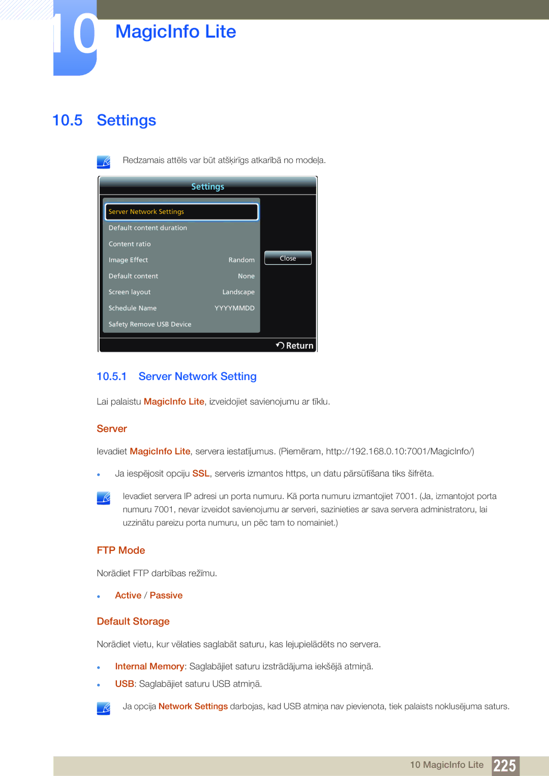 Samsung LH40PECPLBC/EN, LH55PECPLBC/EN, LH46PECPLBC/EN manual Settings, Server Network Setting, FTP Mode, Default Storage 