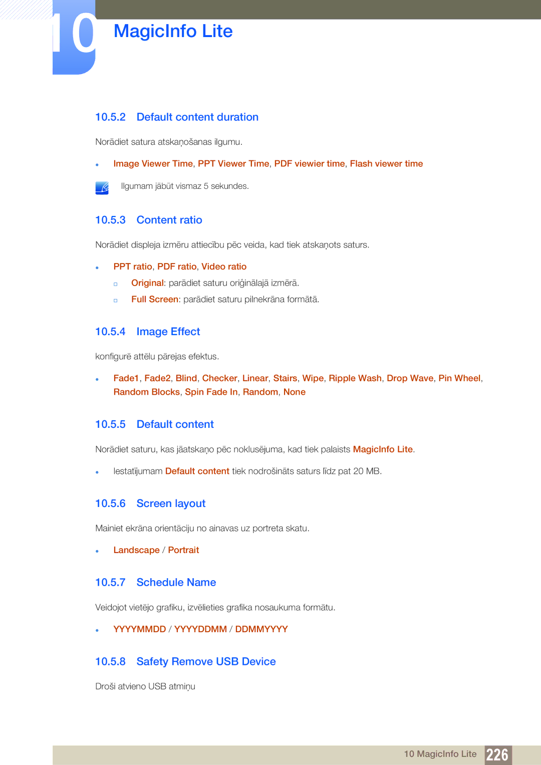 Samsung LH55PECPLBC/EN, LH40PECPLBC/EN Default content duration, Content ratio, Image Effect, Screen layout, Schedule Name 