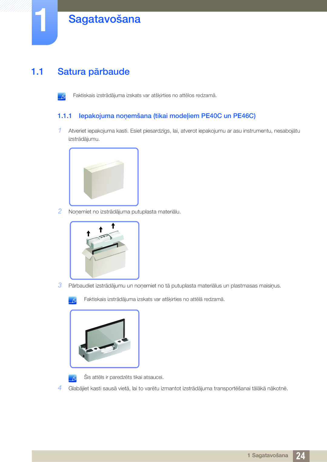 Samsung LH40DECPLBC/EN, LH40PECPLBC/EN, LH55PECPLBC/EN Satura pārbaude, Iepakojuma noņemšana tikai modeļiem PE40C un PE46C 