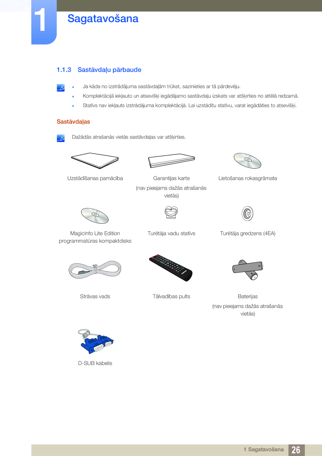 Samsung LH55PECPLBC/EN, LH40PECPLBC/EN, LH46PECPLBC/EN, LH46DECPLBC/EN, LH40DECPLBC/EN manual Sastāvdaļu pārbaude, Sastāvdaļas 