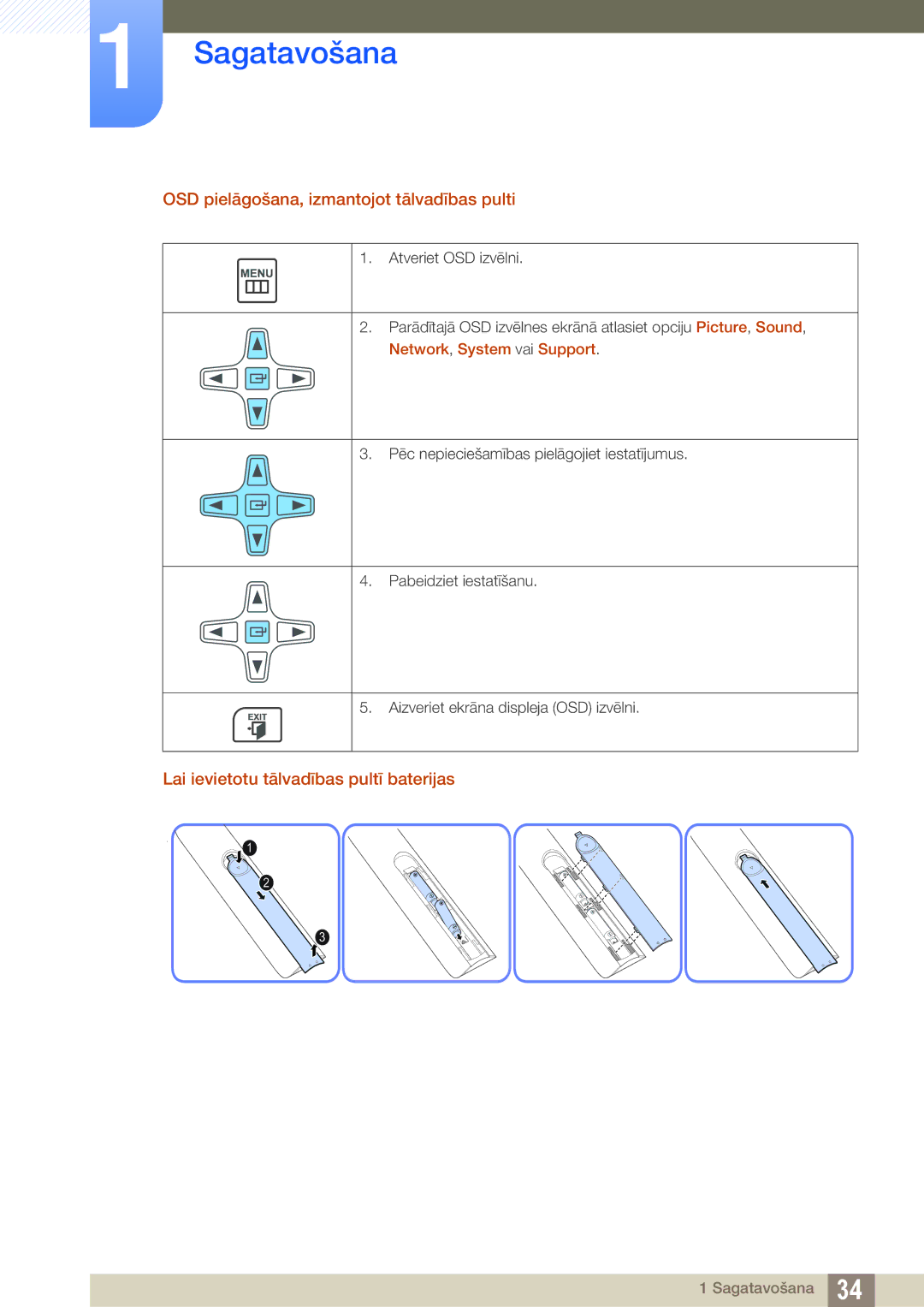 Samsung LH40DECPLBC/EN manual OSD pielāgošana, izmantojot tālvadības pulti, Lai ievietotu tālvadības pultī baterijas 