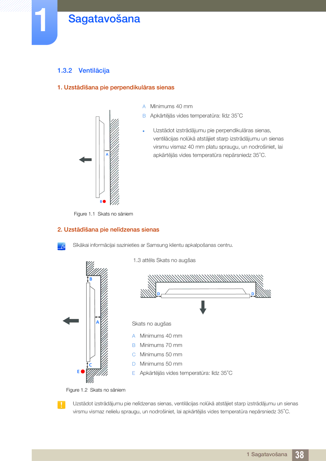 Samsung LH46DECPLBC/EN manual Ventilācija, Uzstādīšana pie perpendikulāras sienas, Uzstādīšana pie nelīdzenas sienas 