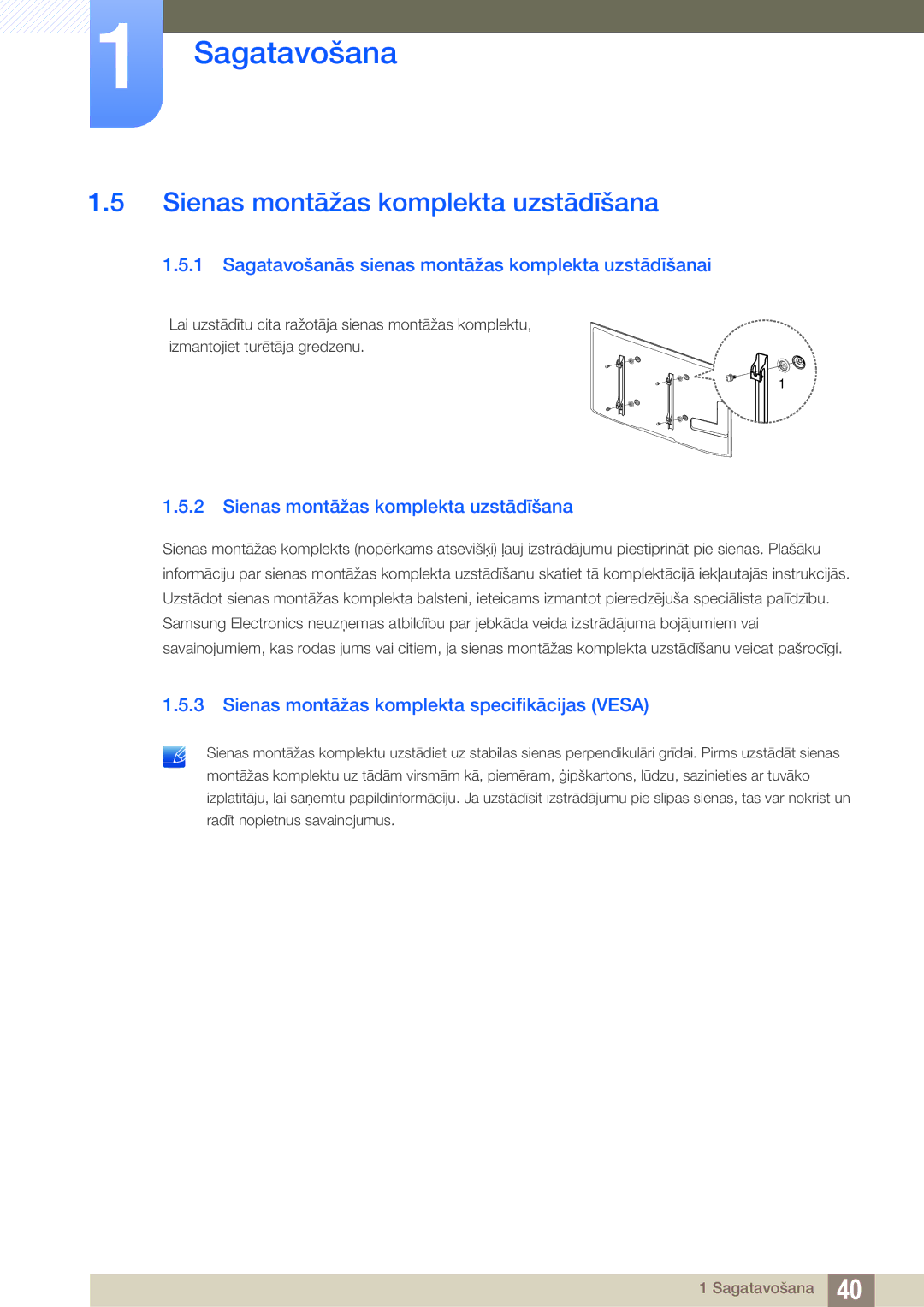 Samsung LH40PECPLBC/EN manual Sienas montāžas komplekta uzstādīšana, Sagatavošanās sienas montāžas komplekta uzstādīšanai 