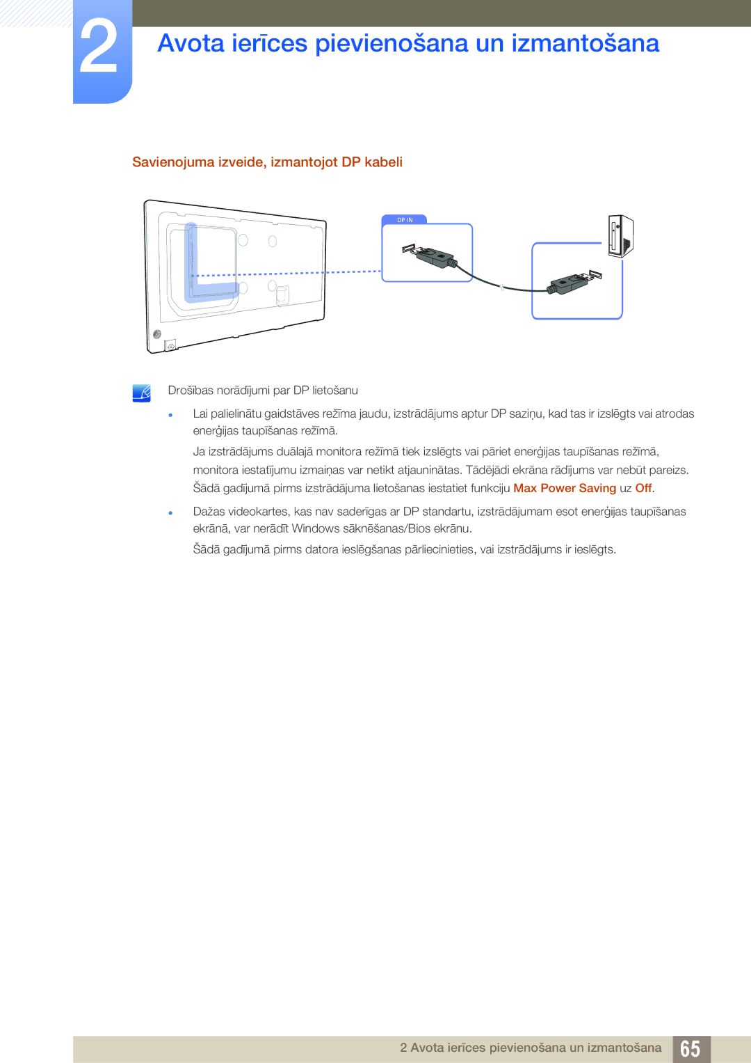 Samsung LH40PECPLBC/EN, LH55PECPLBC/EN, LH46PECPLBC/EN, LH46DECPLBC/EN manual Savienojuma izveide, izmantojot DP kabeli 