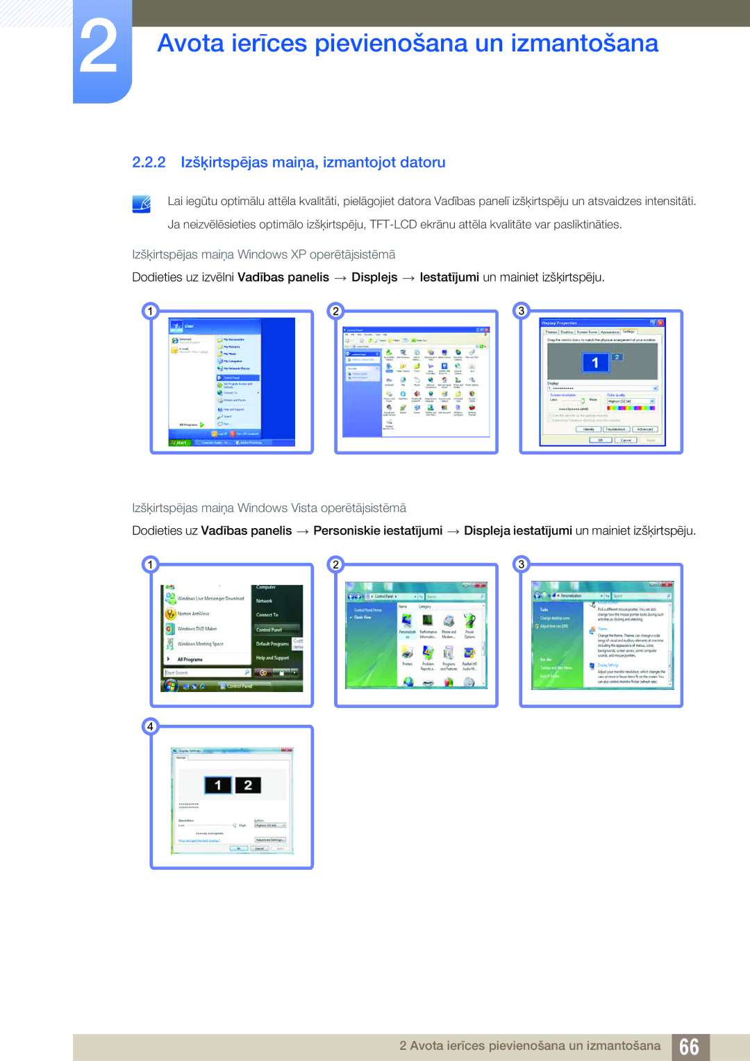 Samsung LH55PECPLBC/EN manual 2 Izšķirtspējas maiņa, izmantojot datoru, Izšķirtspējas maiņa Windows XP operētājsistēmā 