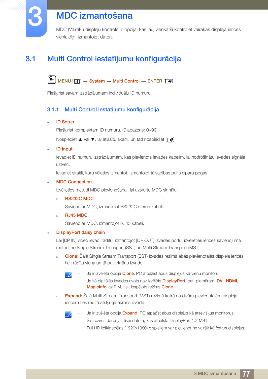 Samsung LH46PECPLBC/EN, LH40PECPLBC/EN, LH55PECPLBC/EN, LH46DECPLBC/EN manual Multi Control iestatījumu konfigurācija 