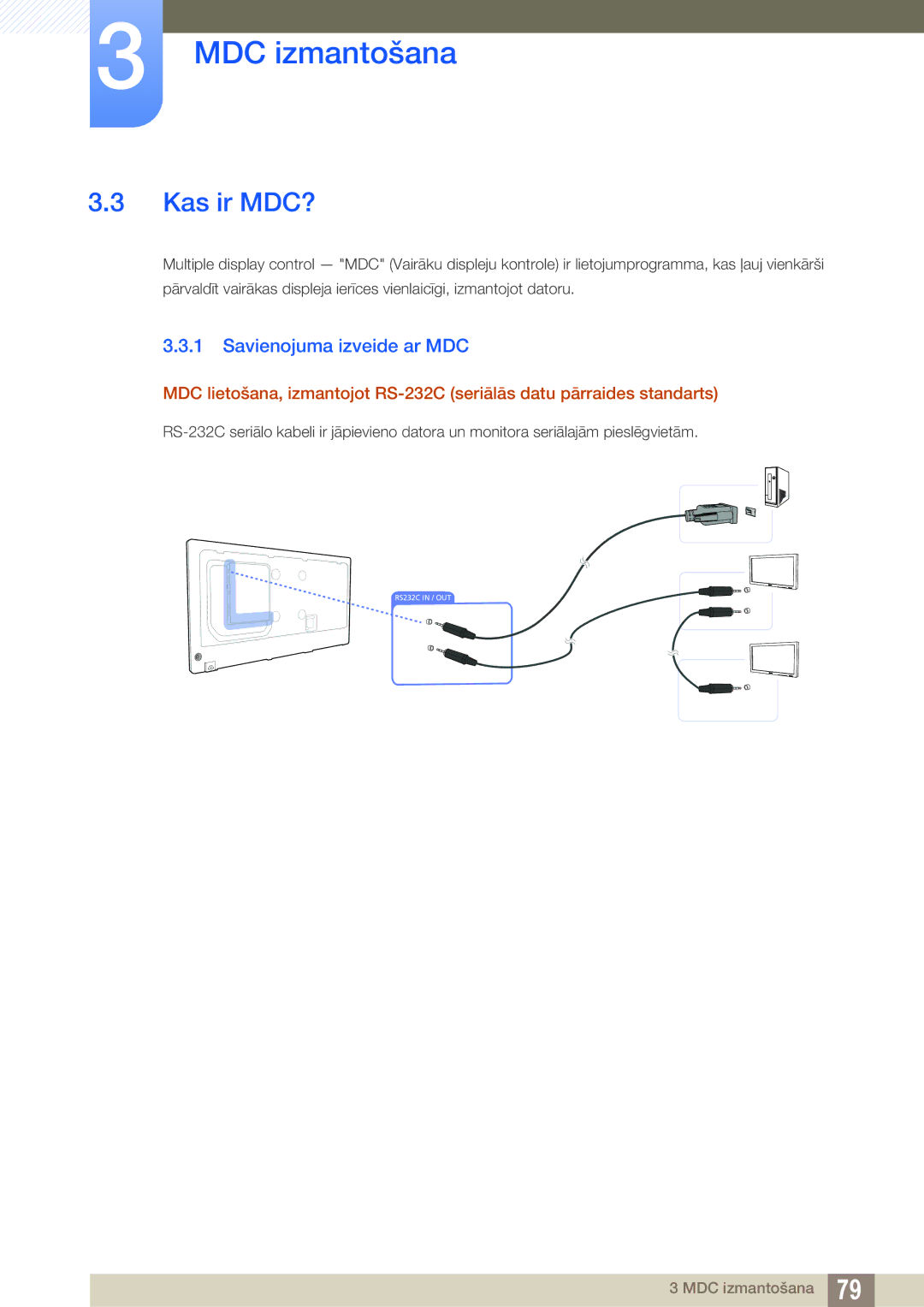 Samsung LH40DECPLBC/EN, LH40PECPLBC/EN, LH55PECPLBC/EN, LH46PECPLBC/EN manual Kas ir MDC?, Savienojuma izveide ar MDC 