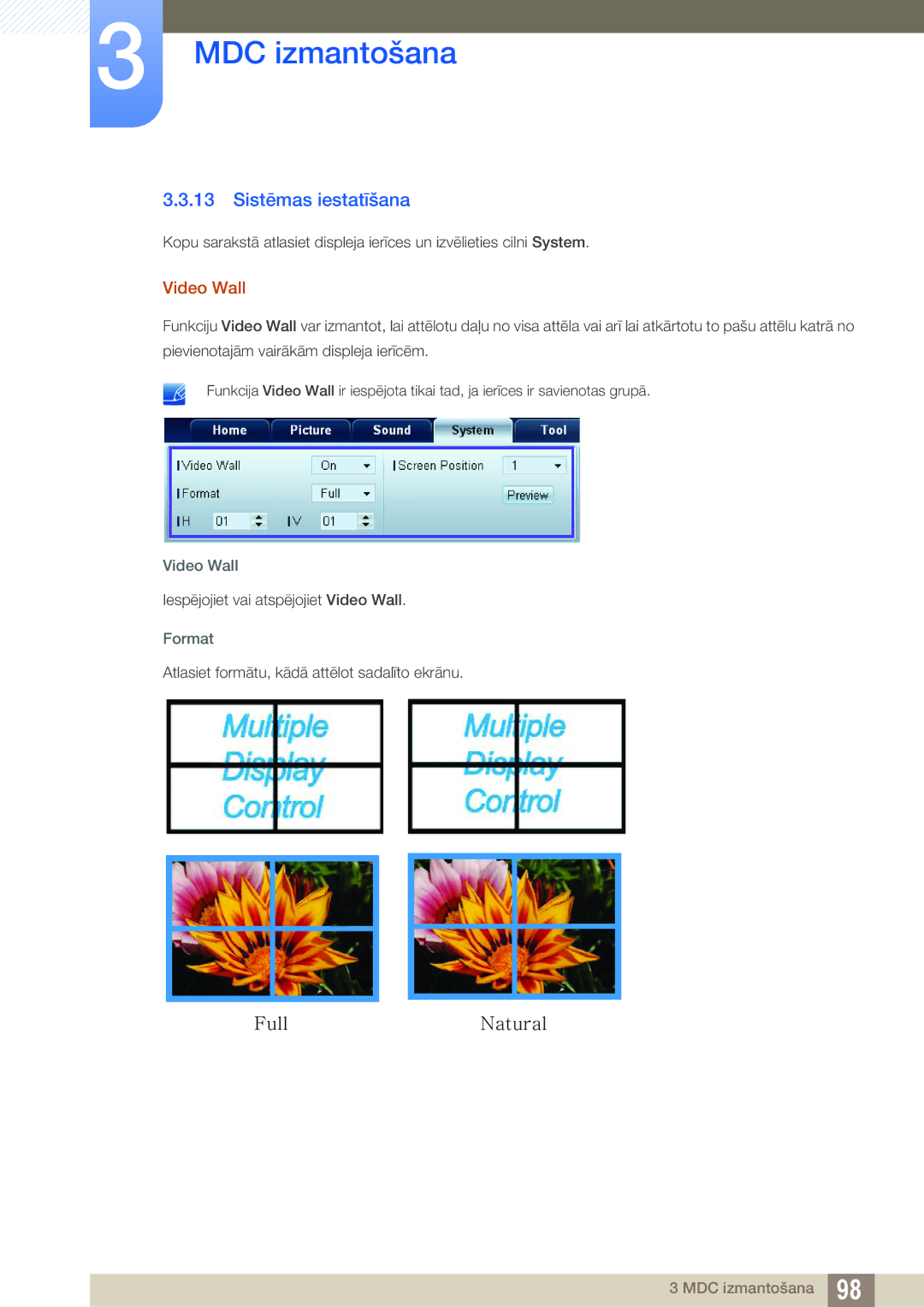 Samsung LH46DECPLBC/EN, LH40PECPLBC/EN, LH55PECPLBC/EN, LH46PECPLBC/EN manual Sistēmas iestatīšana, Video Wall, Format 