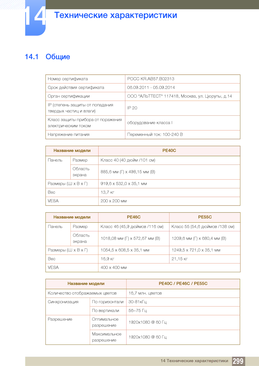 Samsung LH40DECPLBC/EN, LH40PECPLBC/EN, LH55PECPLBC/EN, LH46PECPLBC/EN manual 14 Технические характеристики, 14.1 Общие 