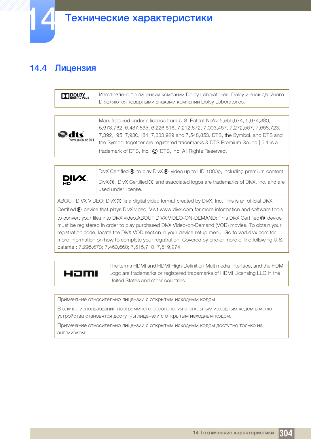 Samsung LH40DECPLBC/EN, LH40PECPLBC/EN, LH55PECPLBC/EN, LH46PECPLBC/EN, LH46DECPLBC/EN manual 14.4 Лицензия 