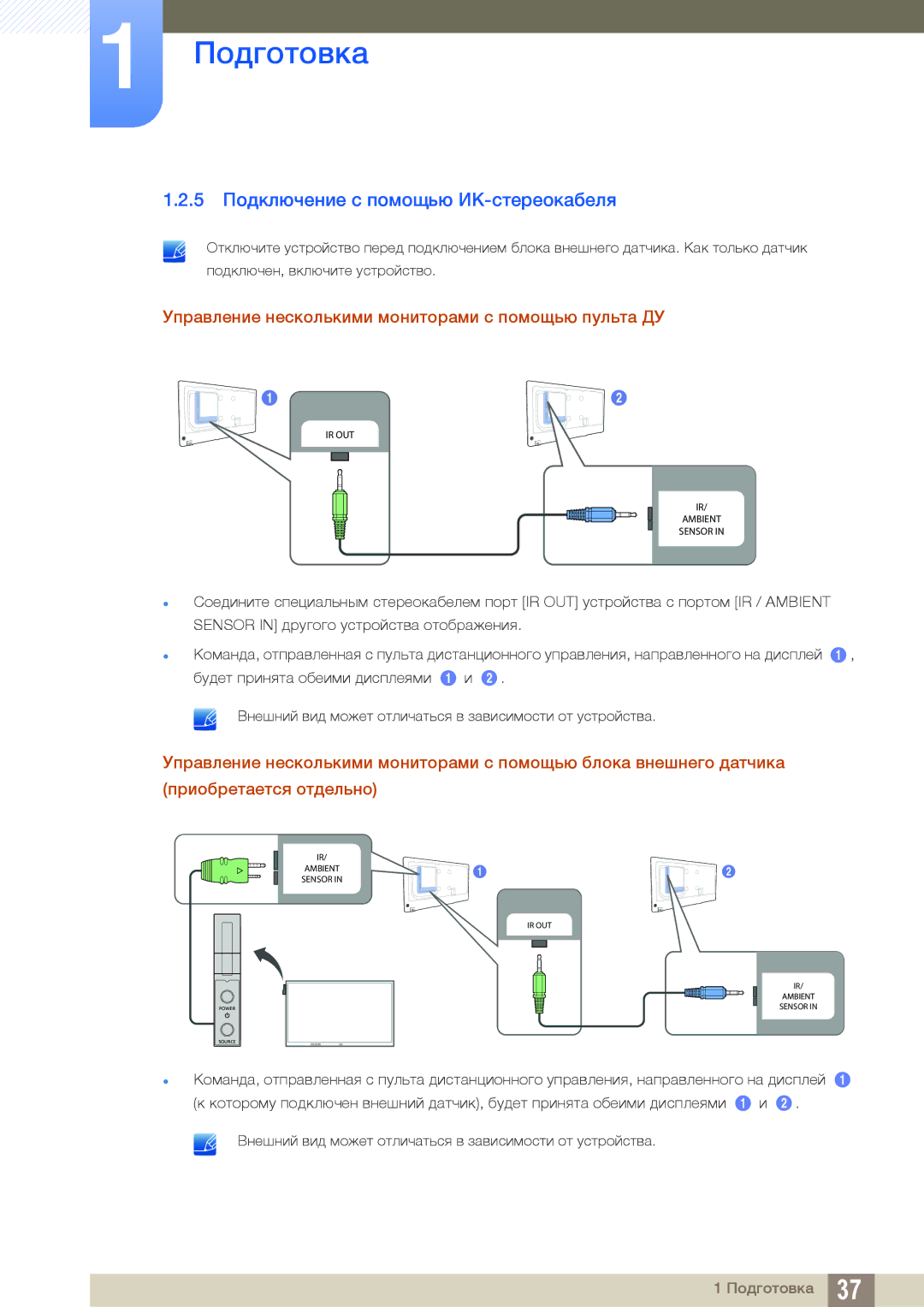 Samsung LH46PECPLBC/EN 5 Подключение с помощью ИК-стереокабеля, Управление несколькими мониторами с помощью пульта ДУ 