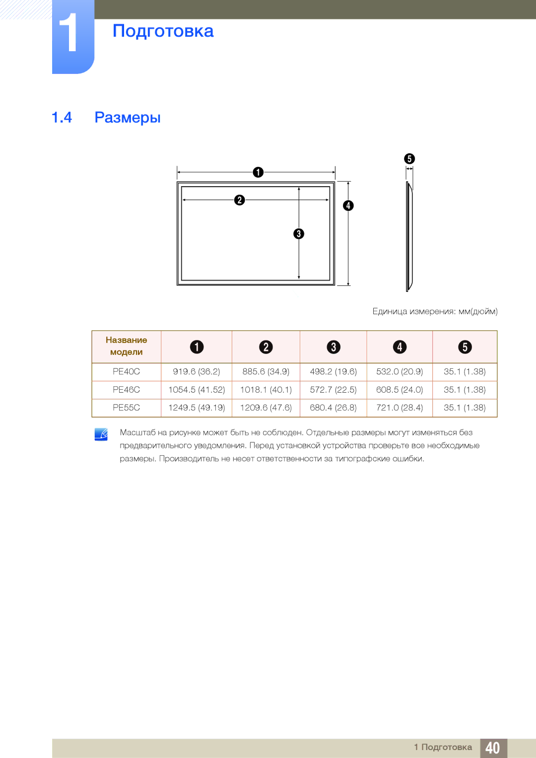 Samsung LH40PECPLBC/EN, LH55PECPLBC/EN, LH46PECPLBC/EN, LH46DECPLBC/EN, LH40DECPLBC/EN manual Размеры, Название Модели 