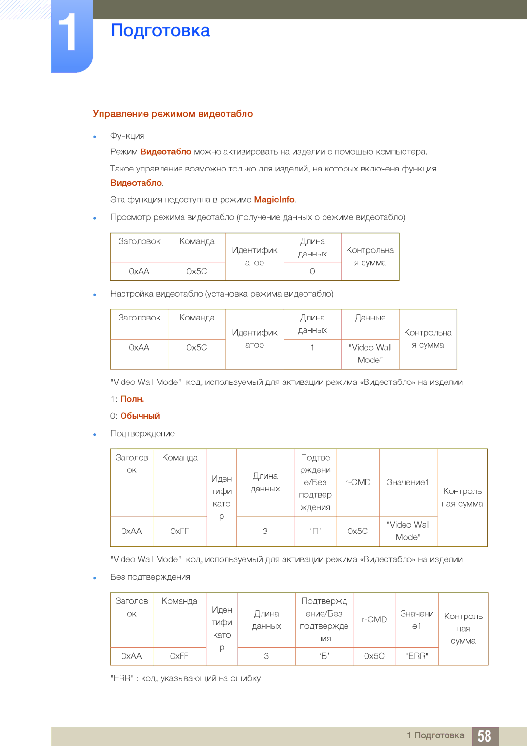 Samsung LH46DECPLBC/EN, LH40PECPLBC/EN, LH55PECPLBC/EN, LH46PECPLBC/EN manual Управление режимом видеотабло, Полн Обычный 