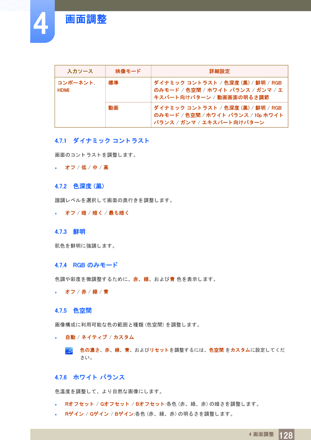 Samsung LH40PECPLBC/XJ manual 1 ダイナ ミ ッ ク コ ン ト ラ ス ト, 2 色深度 黒, 3 鮮明, Rgb のみモー ド, 5 色空間, 6 ホワイ ト バラ ンス 