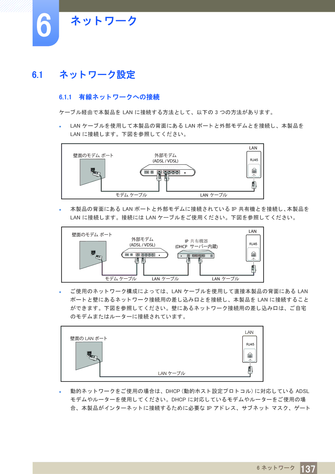 Samsung LH40PECPLBC/XJ manual ネ ッ ト ワーク設定, 1 有線ネ ッ ト ワークへの接続 