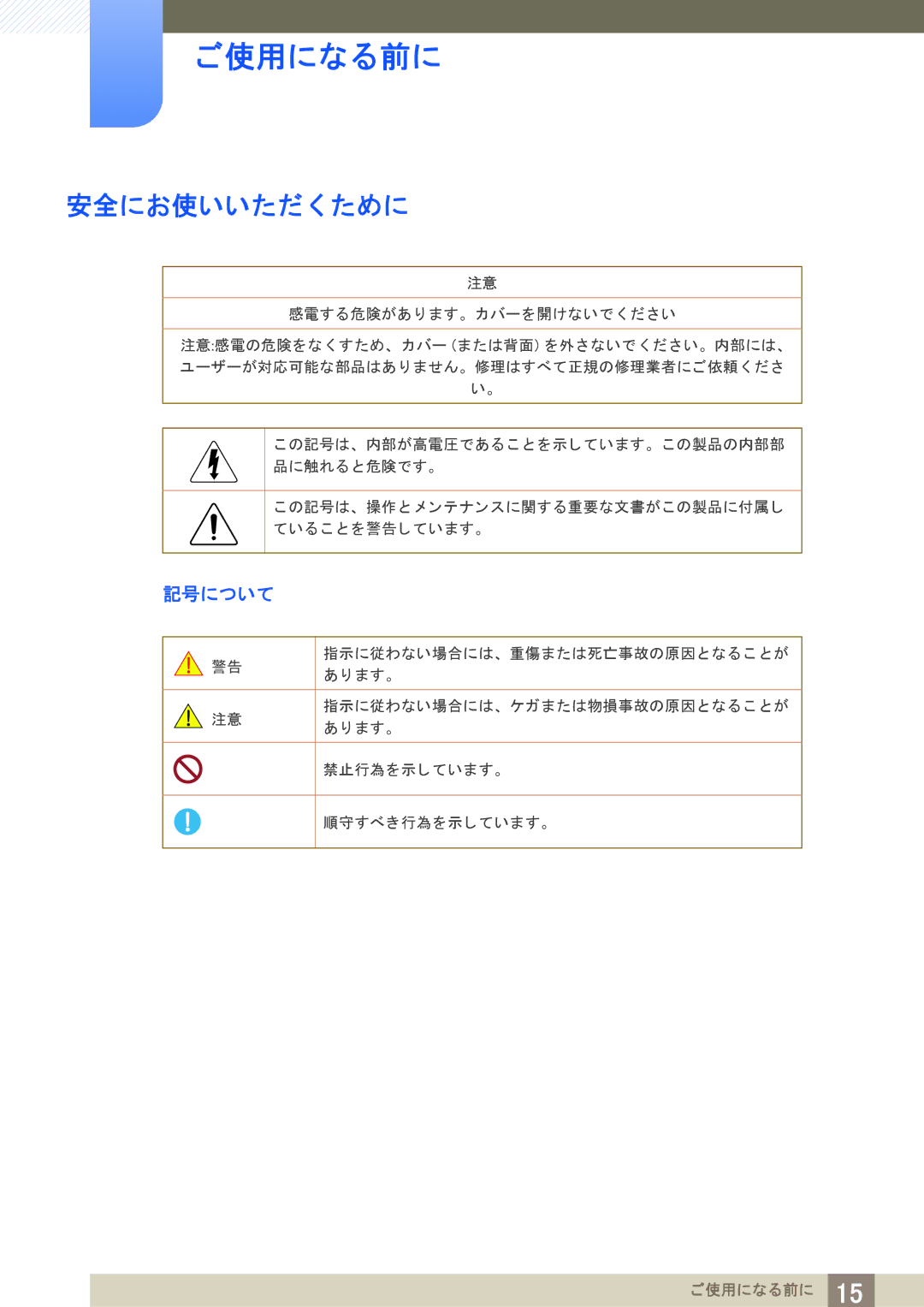 Samsung LH40PECPLBC/XJ manual 安全にお使いいただ く ために, 記号について 