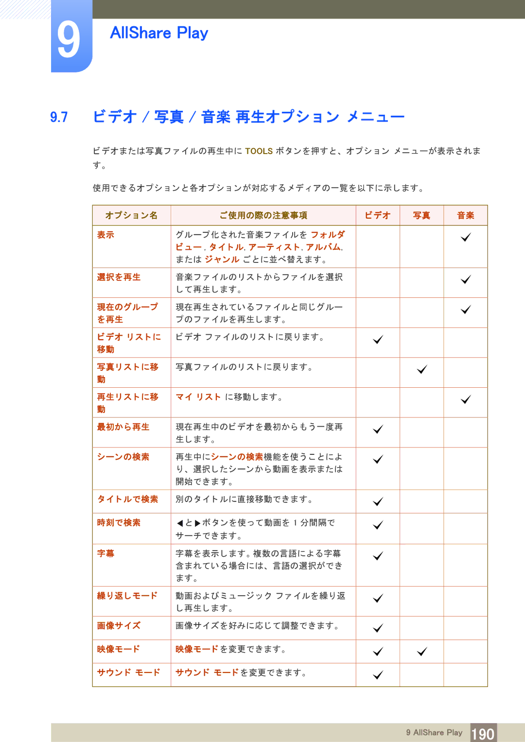 Samsung LH40PECPLBC/XJ manual ビデオ / 写真 / 音楽 再生オプシ ョ ン メ ニ ュー 