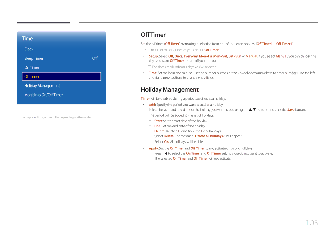 Samsung LH40RMDPLGU/EN, LH40RMDWLGU/CH, LH48RMDWLGU/CH manual Off Timer, Holiday Management 