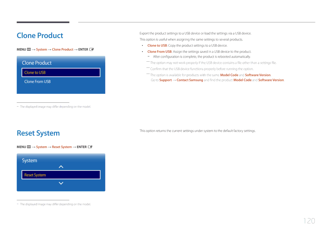 Samsung LH40RMDPLGU/EN, LH40RMDWLGU/CH, LH48RMDWLGU/CH manual Reset System, Menu m → System → Clone Product → Enter E 