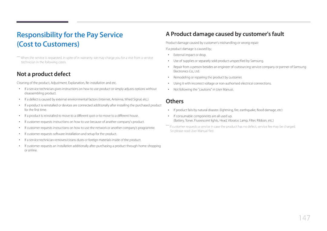 Samsung LH40RMDPLGU/EN, LH40RMDWLGU/CH manual 147, Not a product defect, Product damage caused by customers fault, Others 