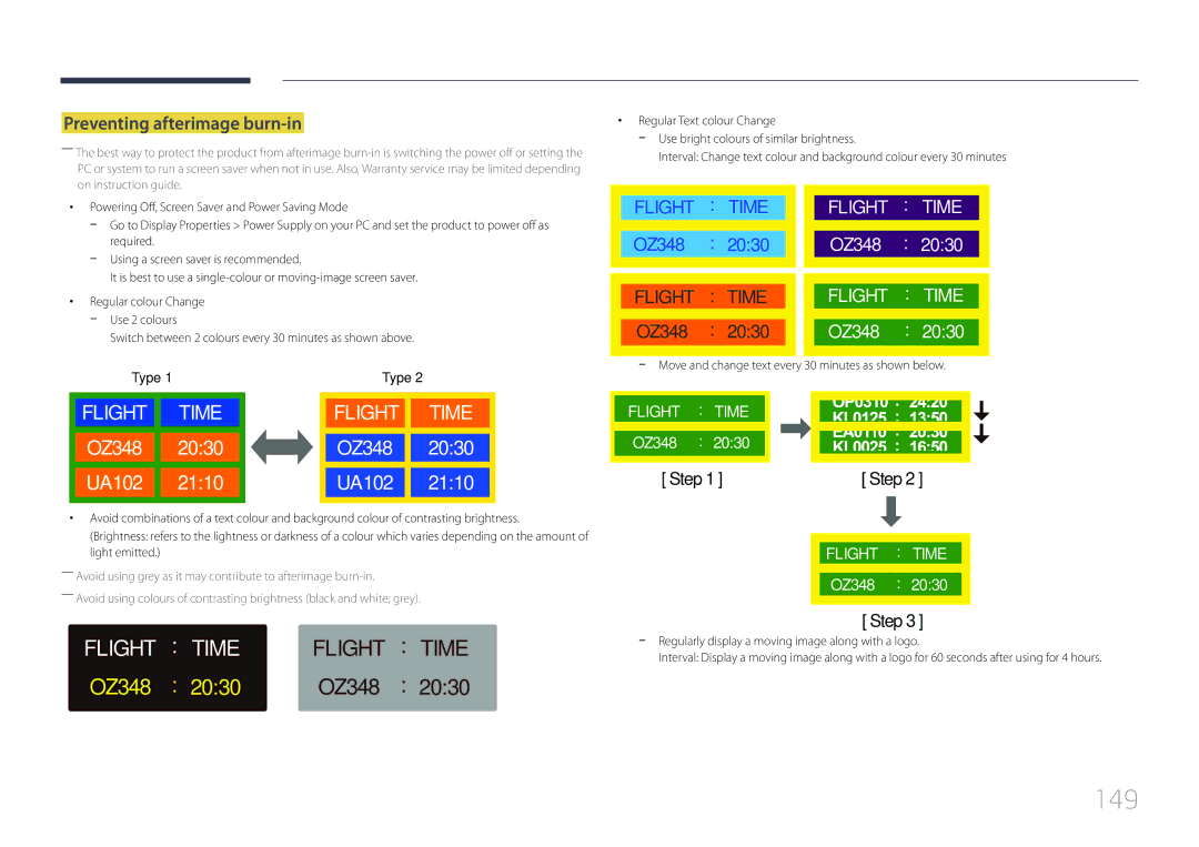 Samsung LH48RMDWLGU/CH manual 149, Preventing afterimage burn-in, Switch between 2 colours every 30 minutes as shown above 