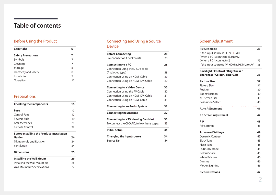 Samsung LH48RMDWLGU/CH, LH40RMDPLGU/EN, LH40RMDWLGU/CH manual Table of contents 