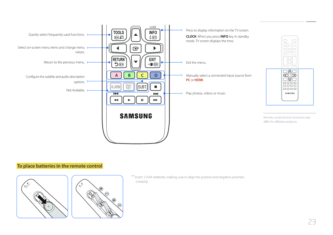 Samsung LH48RMDWLGU/CH, LH40RMDPLGU/EN, LH40RMDWLGU/CH manual To place batteries in the remote control, PC or Hdmi 