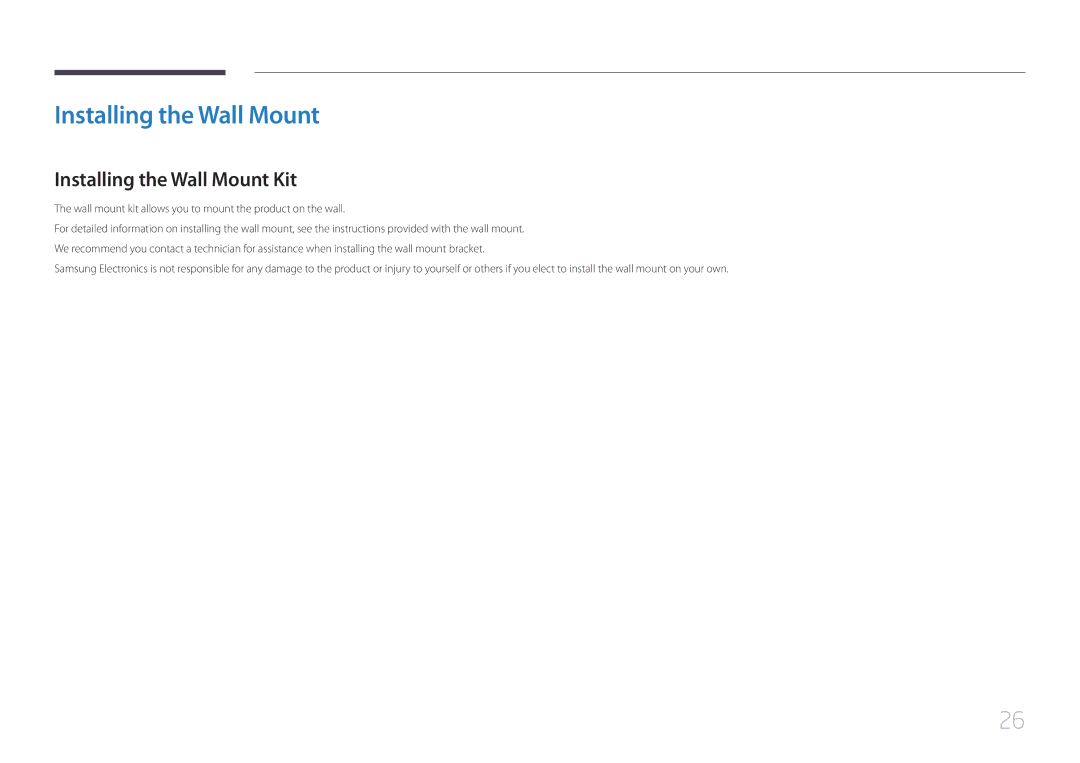 Samsung LH48RMDWLGU/CH manual Installing the Wall Mount Kit, Wall mount kit allows you to mount the product on the wall 