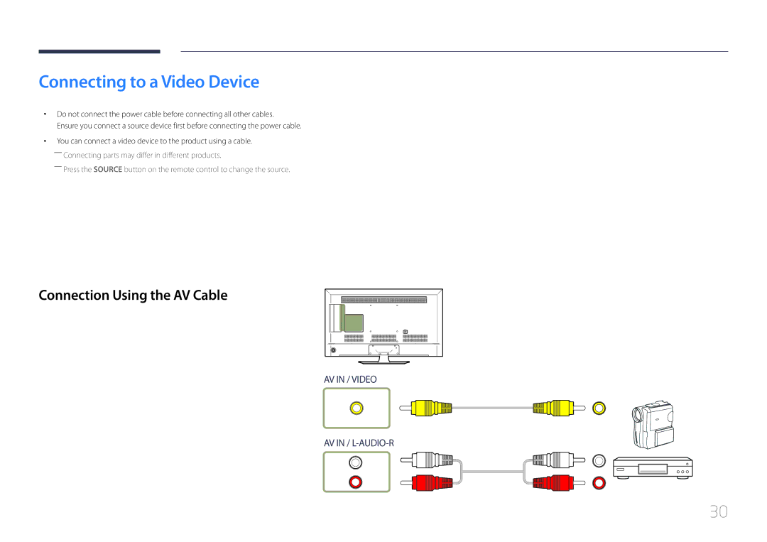 Samsung LH40RMDPLGU/EN, LH40RMDWLGU/CH, LH48RMDWLGU/CH manual Connecting to a Video Device, Connection Using the AV Cable 