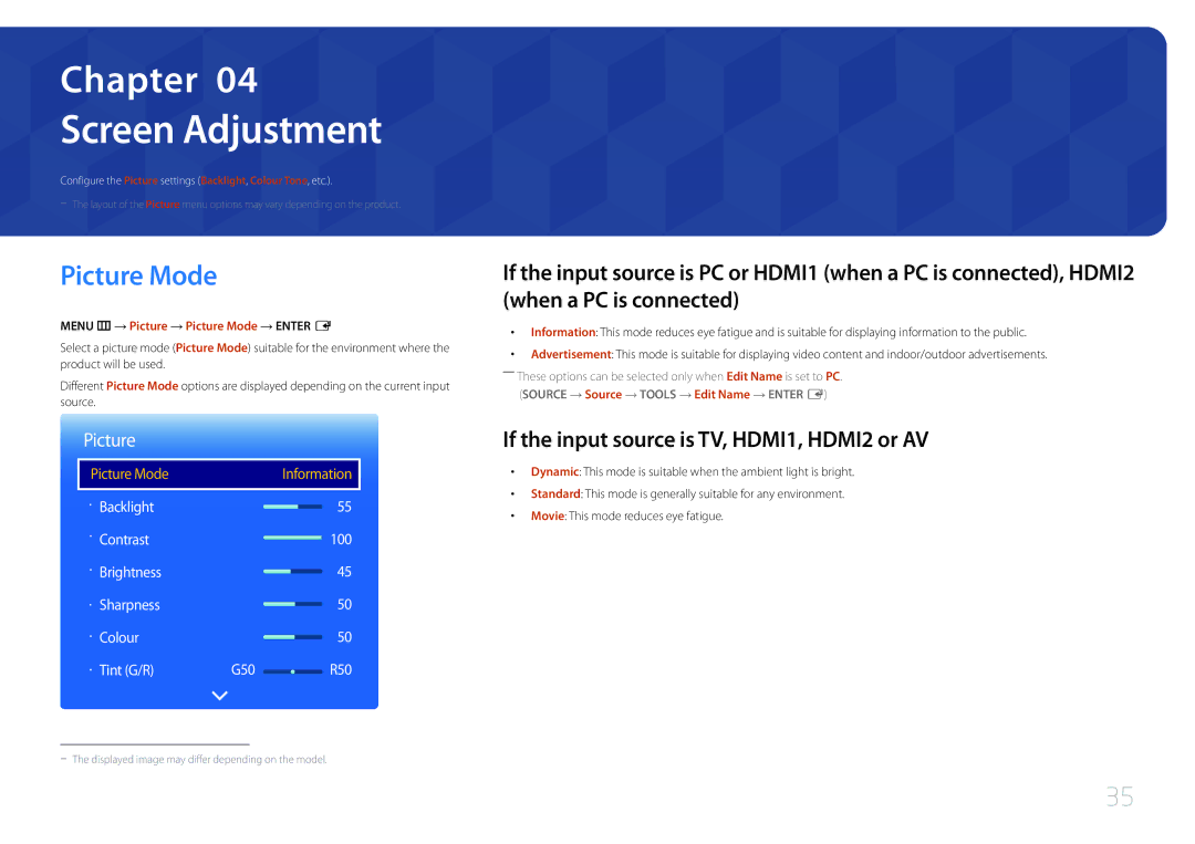 Samsung LH48RMDWLGU/CH, LH40RMDPLGU/EN manual Screen Adjustment, Picture Mode, If the input source is TV, HDMI1, HDMI2 or AV 