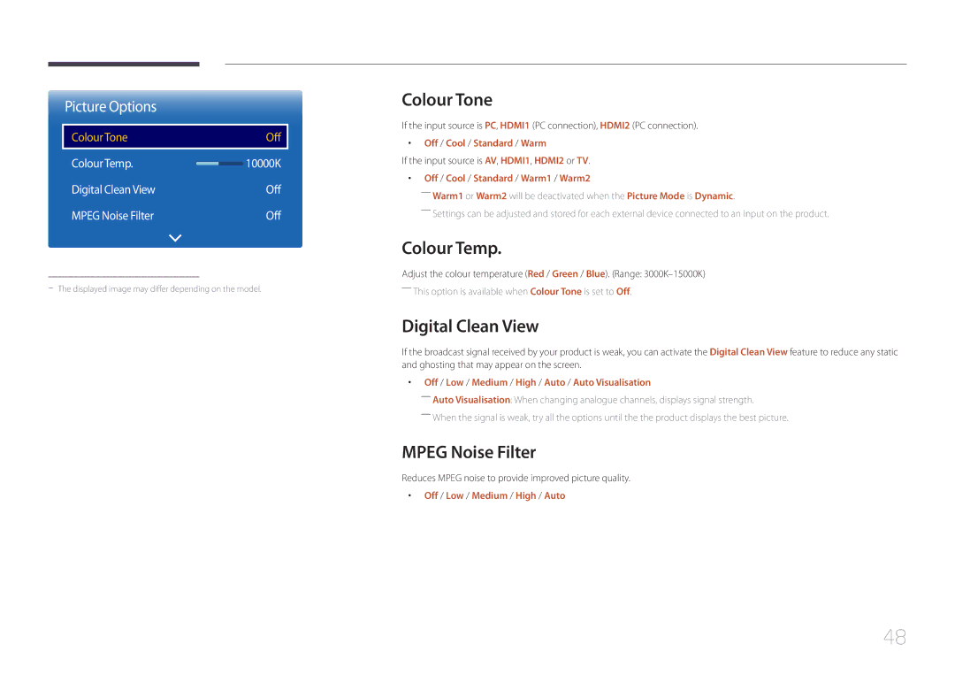 Samsung LH40RMDPLGU/EN, LH40RMDWLGU/CH, LH48RMDWLGU/CH manual Colour Tone, Colour Temp, Digital Clean View, Mpeg Noise Filter 