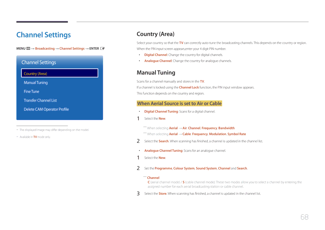 Samsung LH48RMDWLGU/CH manual Channel Settings, Country Area, Manual Tuning, When Aerial Source is set to Air or Cable 