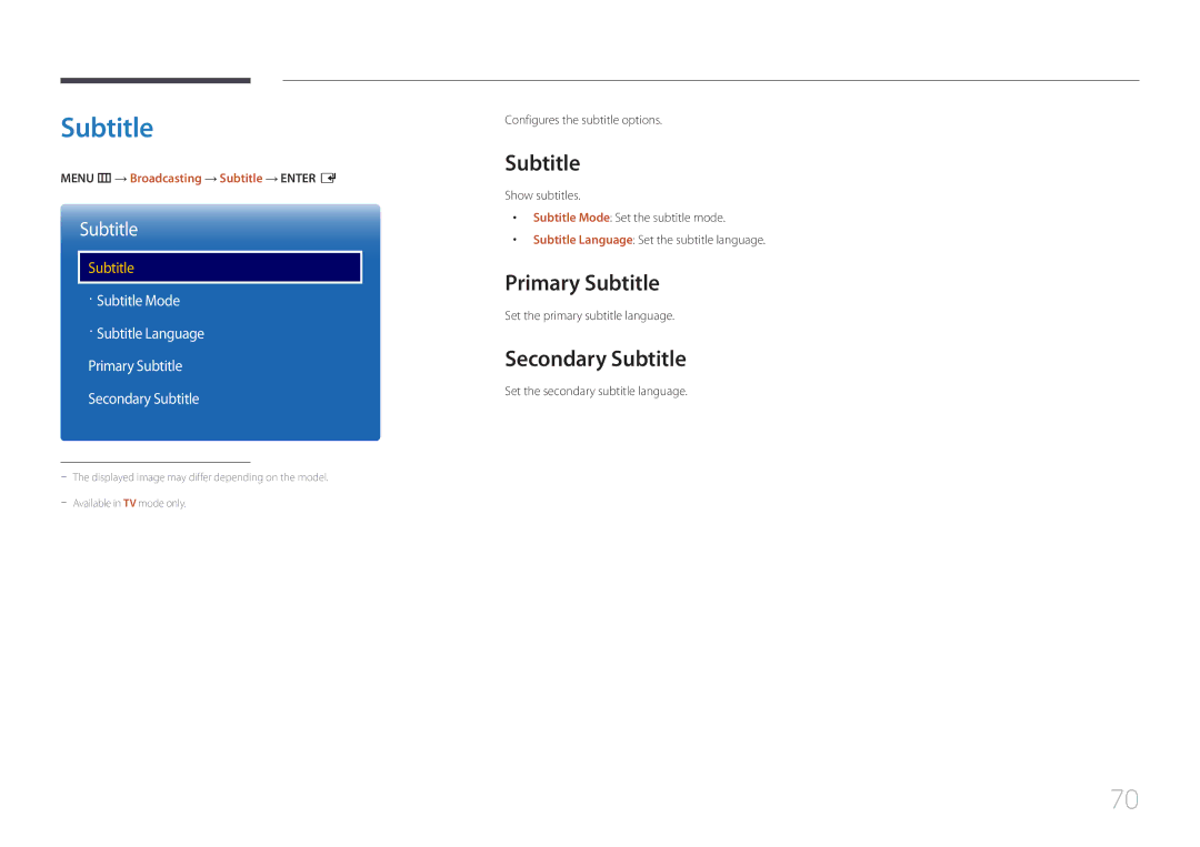 Samsung LH40RMDWLGU/CH, LH40RMDPLGU/EN, LH48RMDWLGU/CH manual Primary Subtitle, Secondary Subtitle 