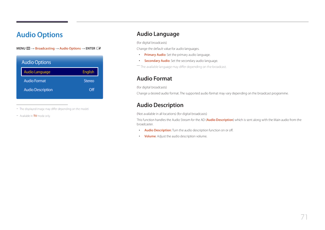 Samsung LH48RMDWLGU/CH, LH40RMDPLGU/EN, LH40RMDWLGU/CH manual Audio Options, Audio Language, Audio Format, Audio Description 