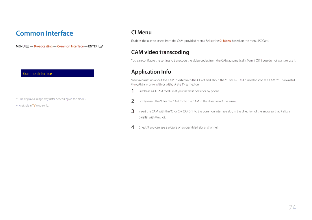 Samsung LH48RMDWLGU/CH, LH40RMDPLGU/EN, LH40RMDWLGU/CH Common Interface, CI Menu, CAM video transcoding, Application Info 