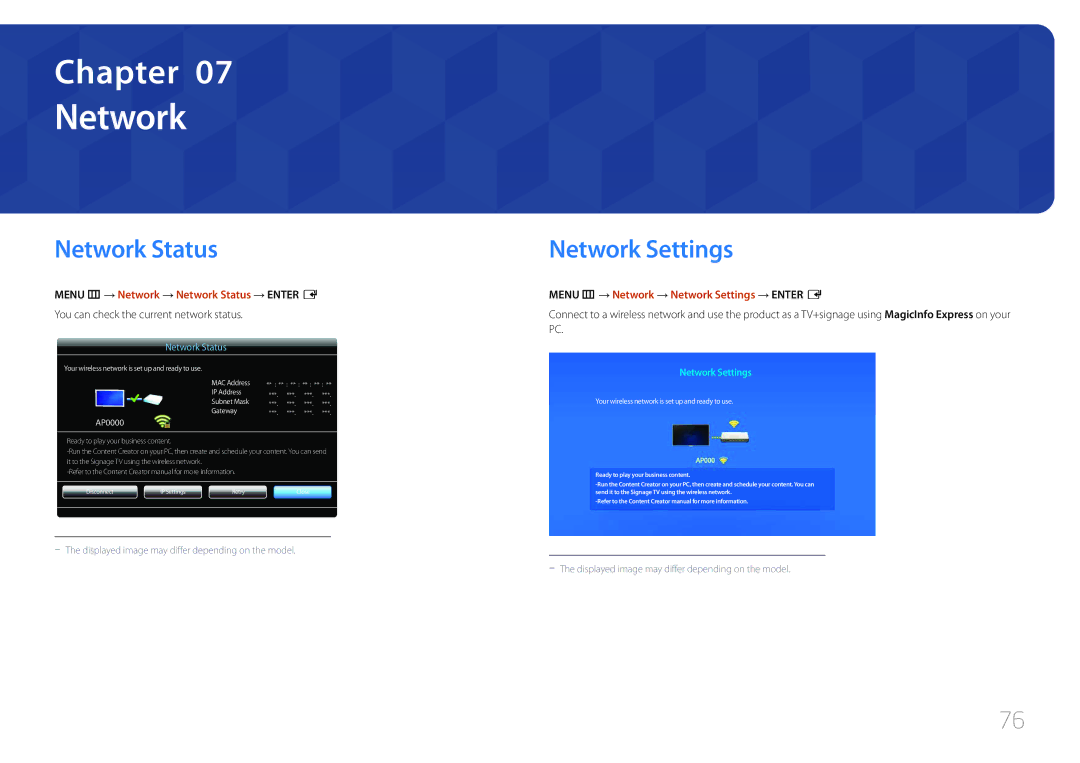 Samsung LH40RMDWLGU/CH, LH40RMDPLGU/EN manual Network Settings, Menu m → Network → Network Status → Enter E 