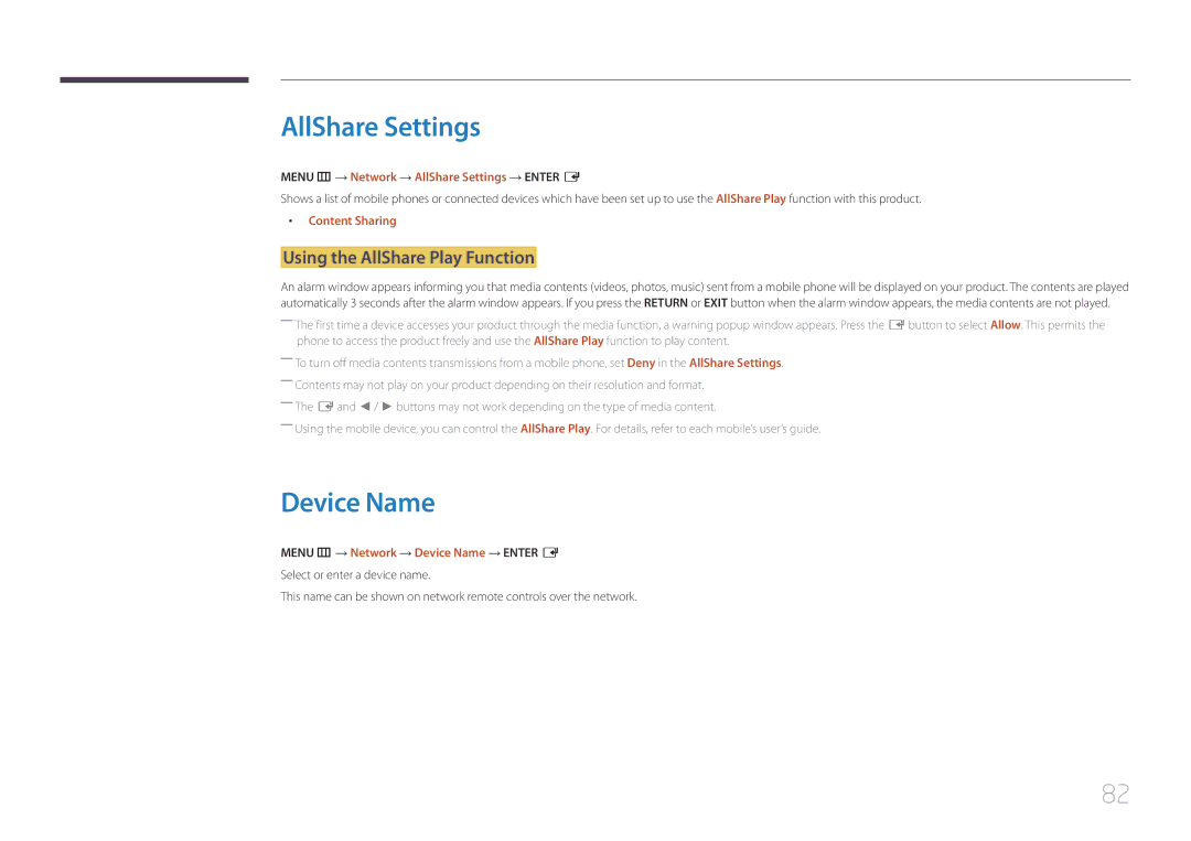 Samsung LH40RMDWLGU/CH, LH40RMDPLGU/EN, LH48RMDWLGU/CH AllShare Settings, Device Name, Using the AllShare Play Function 