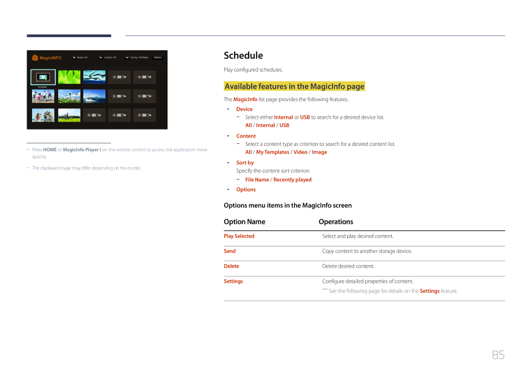 Samsung LH40RMDWLGU/CH manual Schedule, Available features in the MagicInfo, Options menu items in the MagicInfo screen 