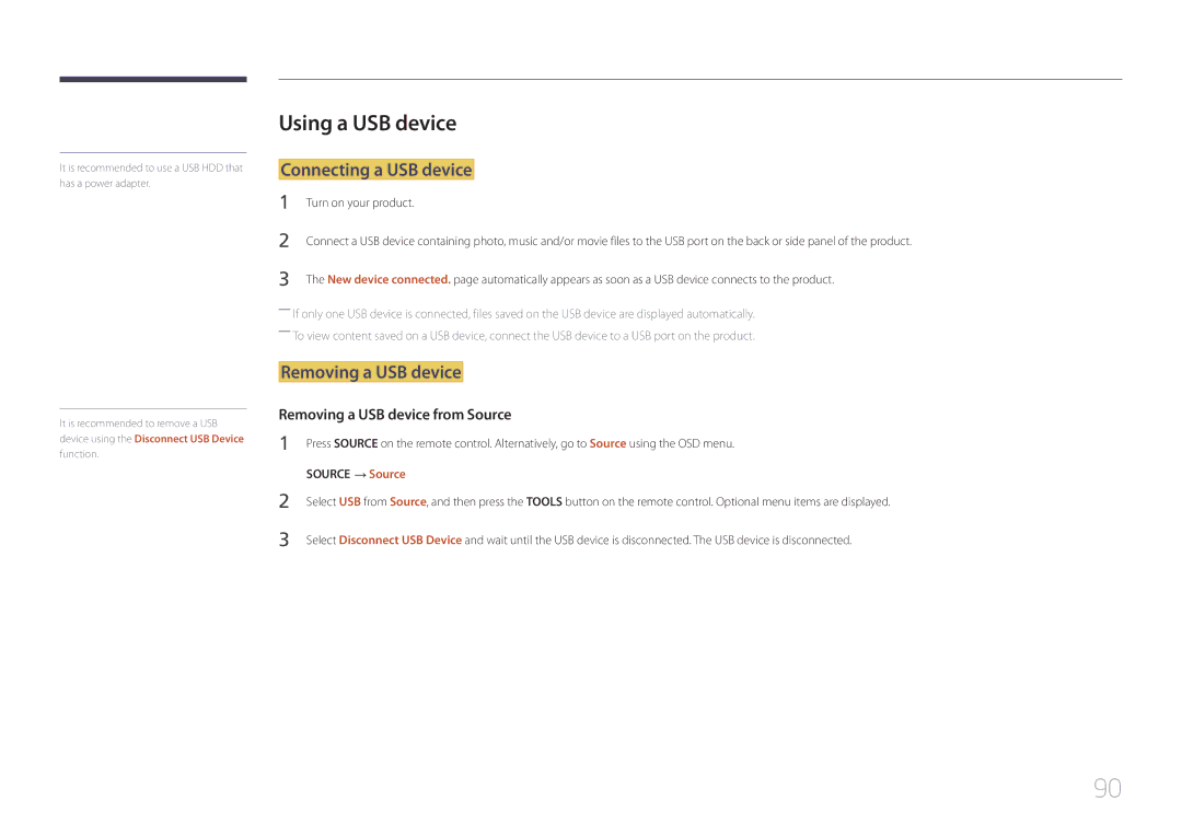 Samsung LH40RMDPLGU/EN, LH40RMDWLGU/CH Using a USB device, Connecting a USB device, Removing a USB device, Source → Source 