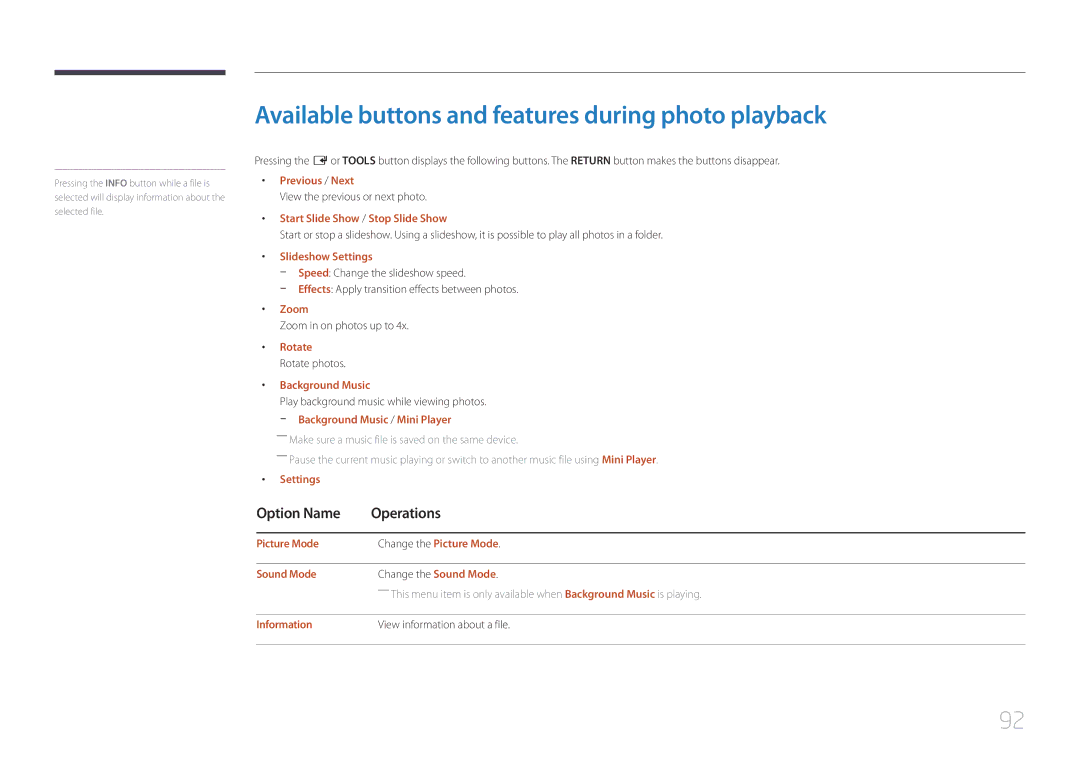 Samsung LH48RMDWLGU/CH, LH40RMDPLGU/EN, LH40RMDWLGU/CH manual Available buttons and features during photo playback 