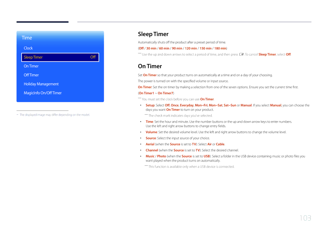 Samsung LH40RMDELGW/EN, LH40RMDPLGU/EN, LH48RMDPLGU/EN, LH48RMDELGW/EN manual Sleep Timer, On Timer1 ~ On Timer7 